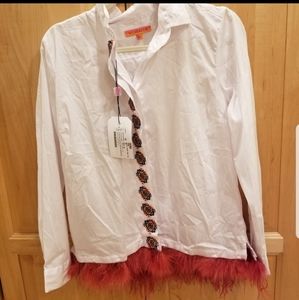 Vilagallo White Blouse with Red Feather Trim